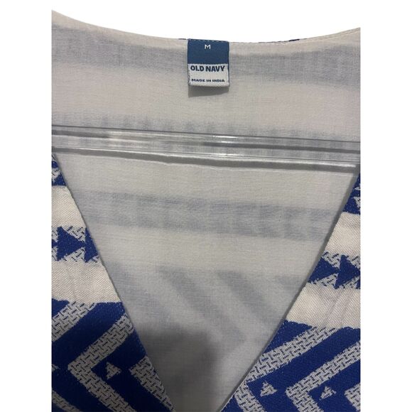 Old Navy Blue White Geometric Print V-Neck Dress Women’s Medium with Pockets - Picture 4 of 5